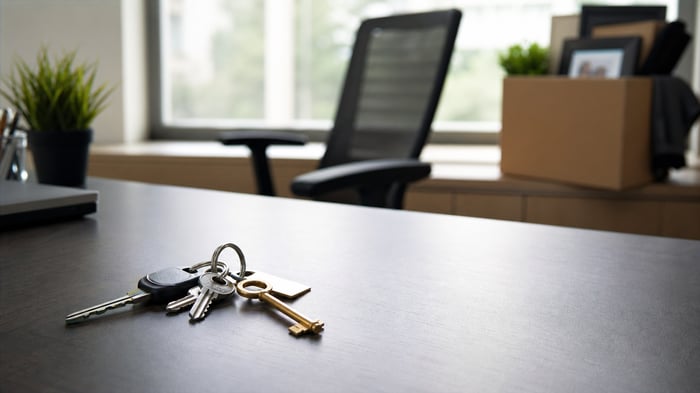 A personal key ring holding an office key next to a packed box on an empty desk, representing company work leaving with a departing employee.